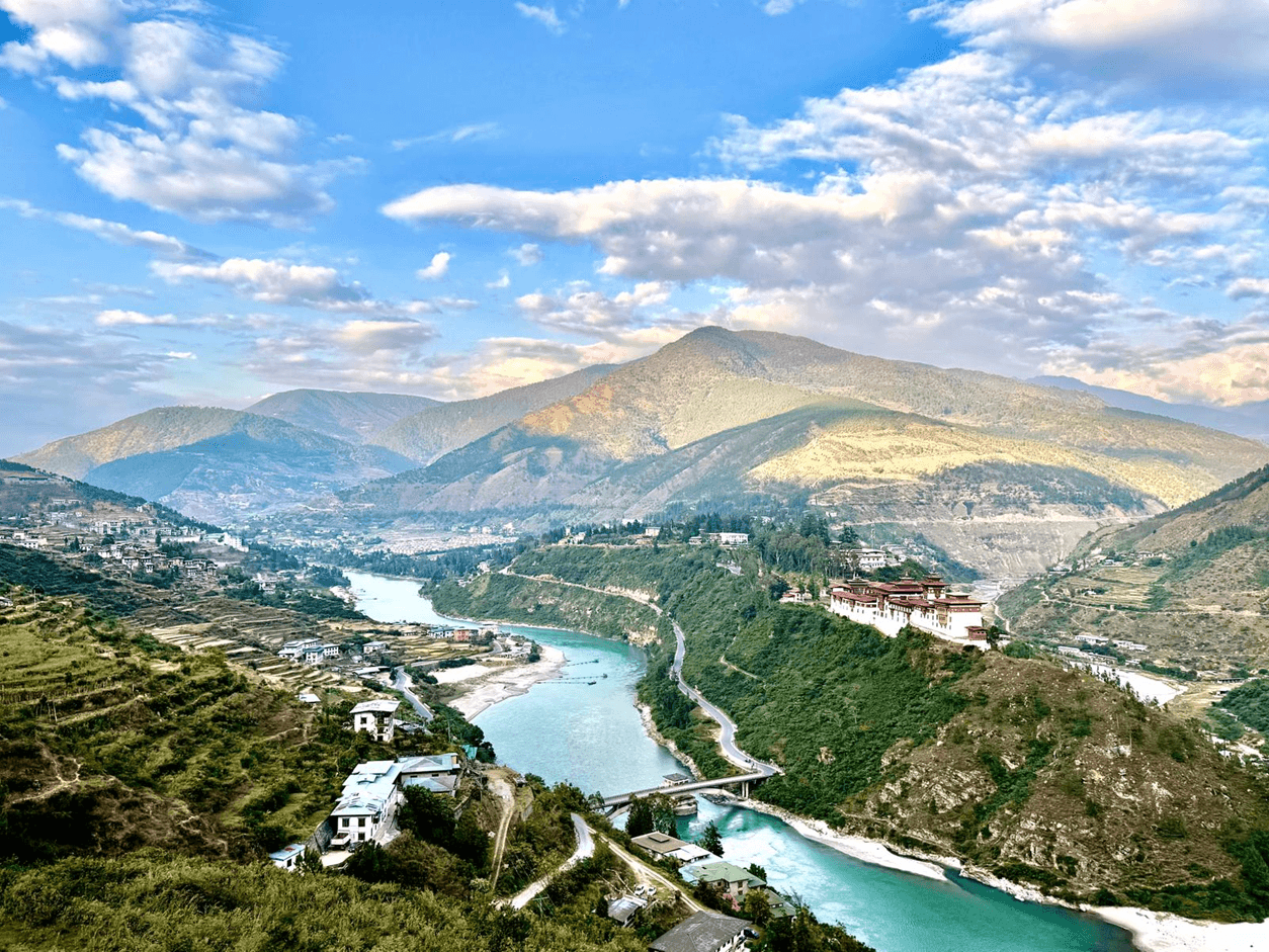 Wangdue Phodrang river valley with dzong and terraced hills