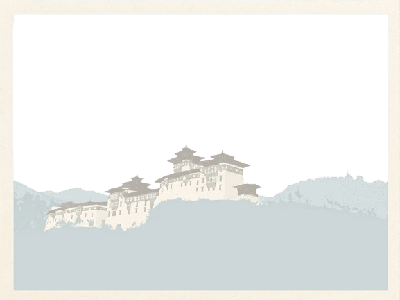 Line illustration of Wangdue Phodrang Dzong rising above forested hills